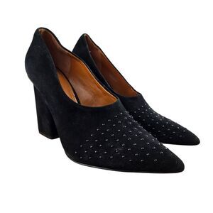 Halston Laurel Womens 8 M Black Suede Studded Pointed Toe 3.9" Chunky Heel Pump